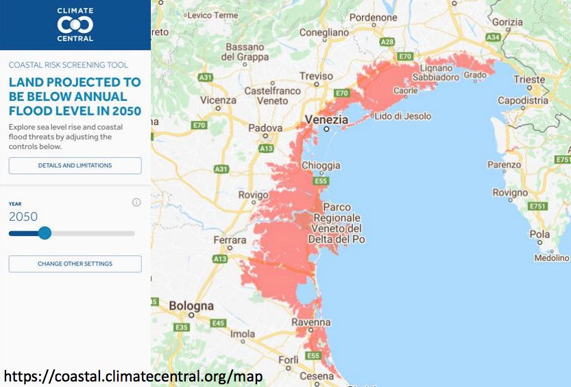 Previsione al 2050 di allagamenti annuali per l'aumento del livello del mare