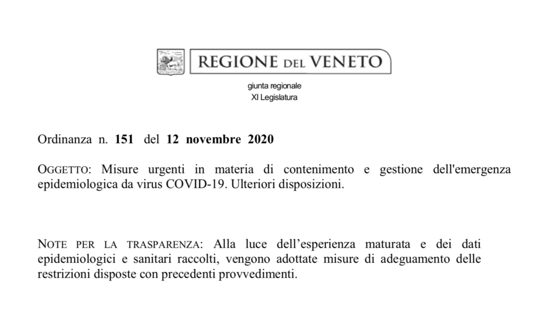 Veneto: ecco il testo della nuova ordinanza di Zaia