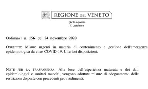 Coronavirus Veneto: ecco il testo della nuova ordinanza regionale
