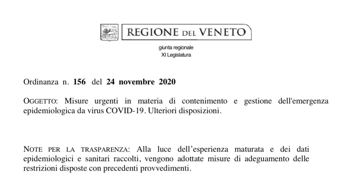 Coronavirus Veneto: ecco il testo della nuova ordinanza regionale