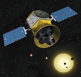 Impressione artistica basata sul design reale di TESS (Transiting Exoplanet Survey Satelllite)