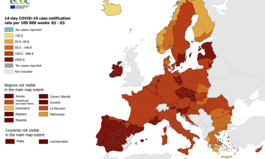 Covid- monitoraggio UE : in Italia ancora 2 zone rosso scuro