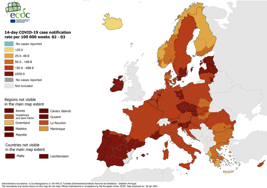 Covid- monitoraggio UE : in Italia ancora 2 zone rosso scuro