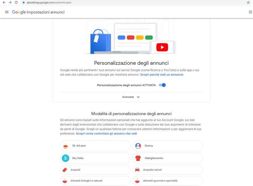 Personalizzazione annunci Google- Adssettings