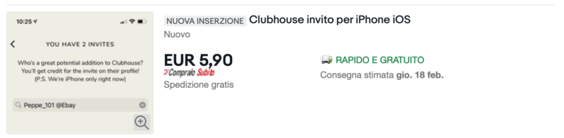 Invito ClubHouse messo in vendita su Ebay
