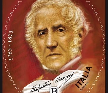 I due euro e il francobollo che celebrano Alessandro Manzoni