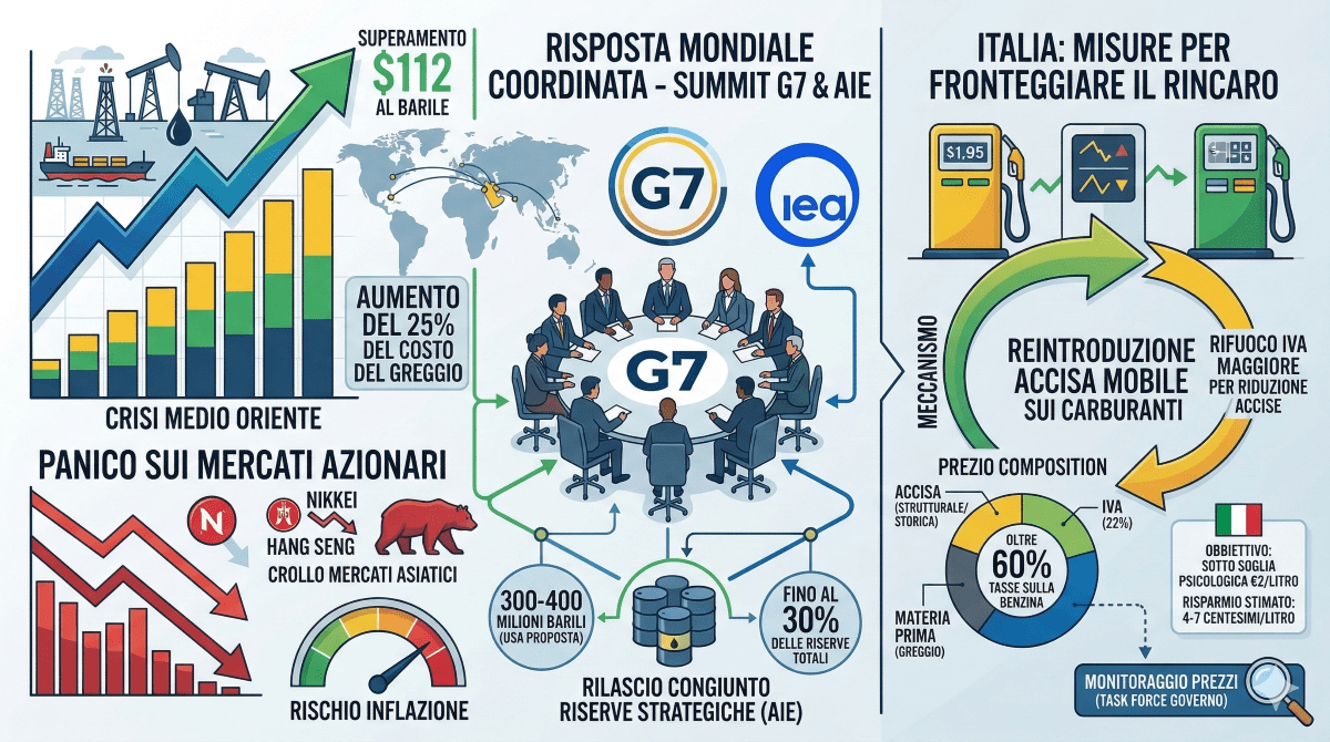 Petrolio a 112$: mercati in panico, Italia valuta accise
