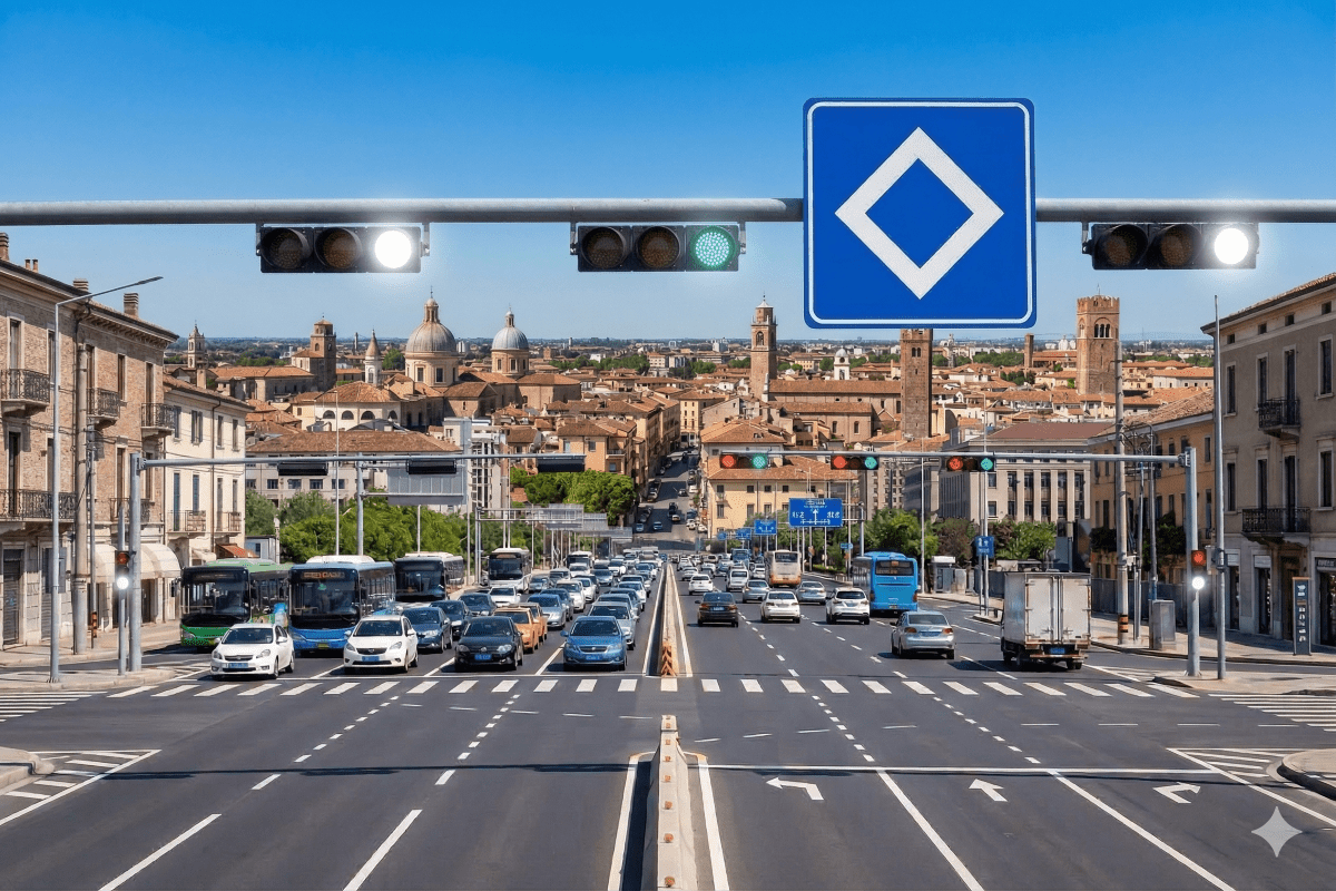 Semafori bianchi, rombi e pannelli verdi: è la strada che cambia